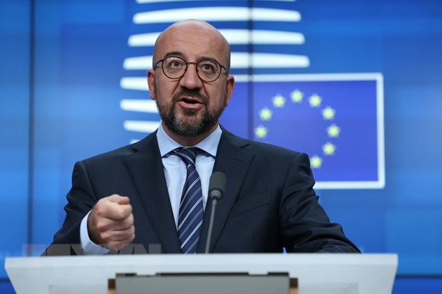 Chủ tịch Hội đồng châu Âu Charles Michel phát biểu tại cuộc họp báo ở Brussels, Bỉ. (Ảnh: AFP/TTXVN)
