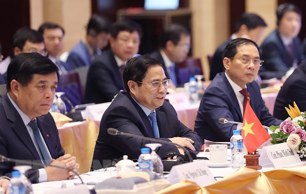 Thủ tướng Phạm Minh Chính phát biểu tại Kỳ họp lần thứ 45 Ủy ban liên Chính phủ Việt Nam-Lào. (Ảnh: Dương Giang/TTXVN)