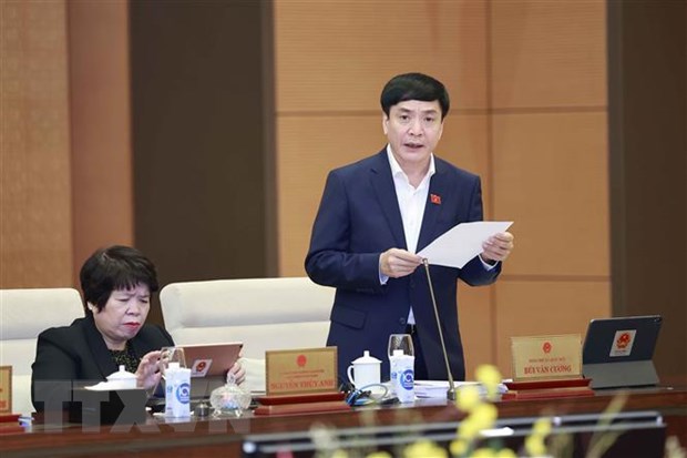 Tổng thư ký Quốc hội, Chủ nhiệm Văn phòng Quốc hội Bùi Văn Cường trình bày tờ trình. (Ảnh: Doãn Tấn/TTXVN)