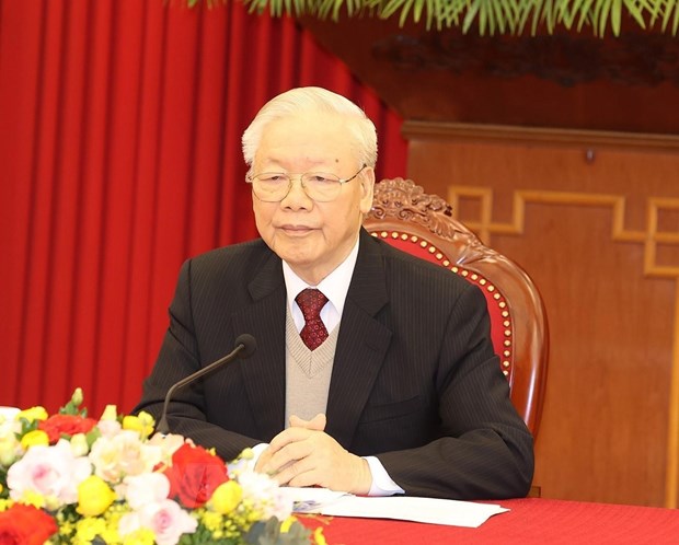 Tổng Bí thư Nguyễn Phú Trọng điện đàm cấp cao với Tổng thống Hoa Kỳ Joe Biden. (Ảnh: Trí Dũng/TTXVN)