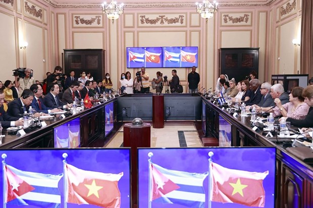 Quanh cảnh hội đàm giữa Chủ tịch Quốc hội Vương Đình Huệ và  Chủ tịch Quốc hội Cuba Esteban Lazo Hernández. (Ảnh: Doãn Tấn/TTXVN)