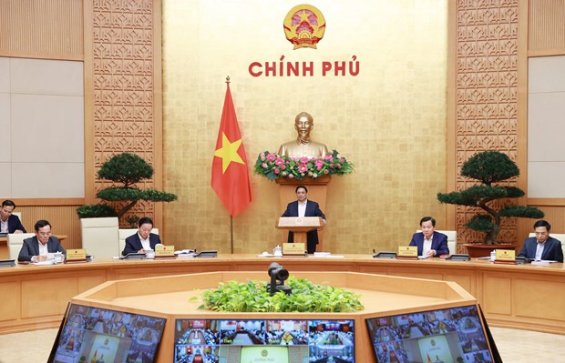 Thủ tướng Phạm Minh Chính chủ trì Hội nghị trực tuyến Chính phủ với địa phương. (Ảnh: Dương Giang/TTXVN)