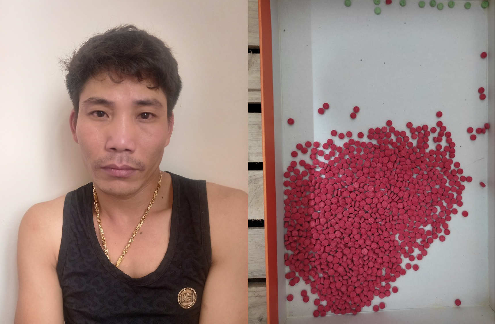 Đối tượng Ngô Minh Tường cùng số ma túy thu giữ được tại phòng trọ.