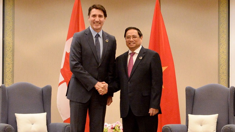 Thủ tướng Phạm Minh Chính gặp Thủ tướng Canada Justin Trudeau. (Ảnh: Thanh Giang)
