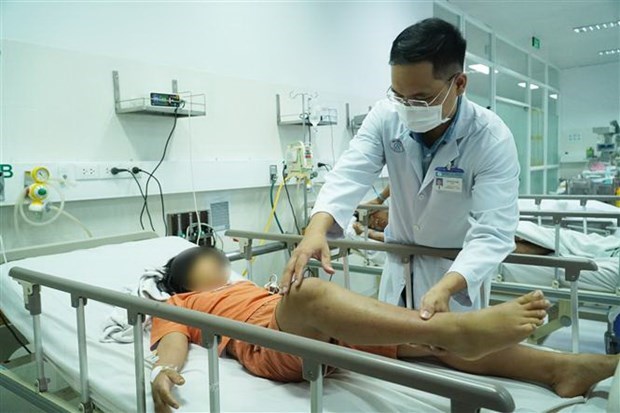 Bác sỹ Bệnh viện Chợ Rẫy thăm khám cho bệnh nhi ngộ độc Botulinum. (Ảnh: TTXVN phát)