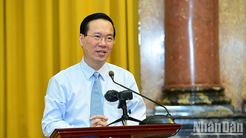 Chủ tịch nước Võ Văn Thưởng phát biểu ý kiến tại buổi gặp mặt.