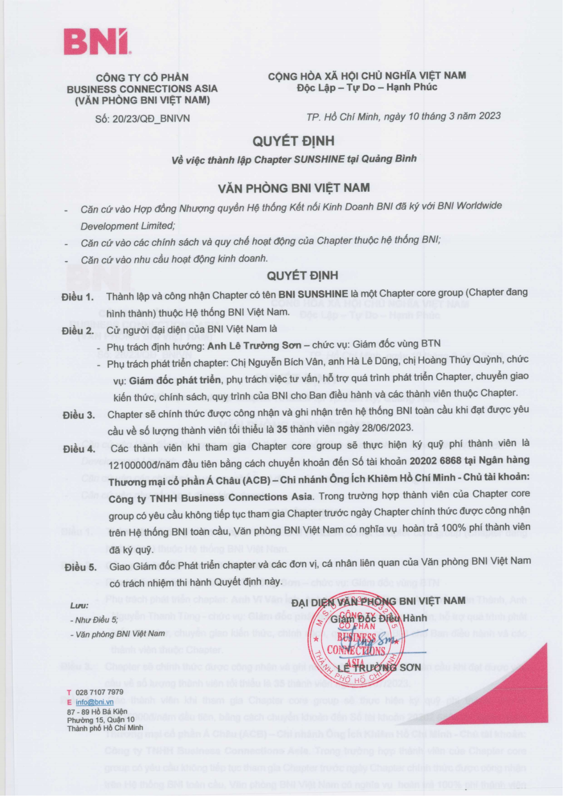 Quyết định thành lập BNI SUNSHINE chapter tại Quảng Bình của BNI Việt Nam.