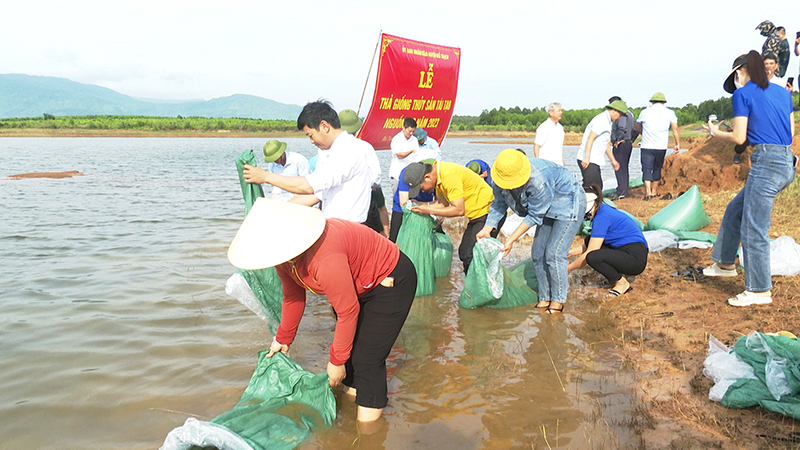 Có 27.000 con cá giống được thả xuống hồ Vực Nồi (xã Vạn Trạch, Bố Trạch) nhằm tái tạo nguồn lợi thủy sản.