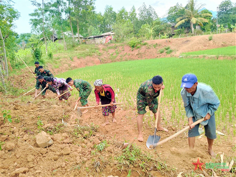Cán bộ, chiến sĩ Sư đoàn 324, Quân khu 4 giúp bà con xã Trọng Hóa, huyện Minh Hóa lao động sản xuất. Ảnh: VÕ NGHĨA