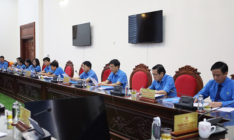 Các đồng chí trong Ban Thường vụ LĐLĐ tỉnh tham gia buổi làm việc.