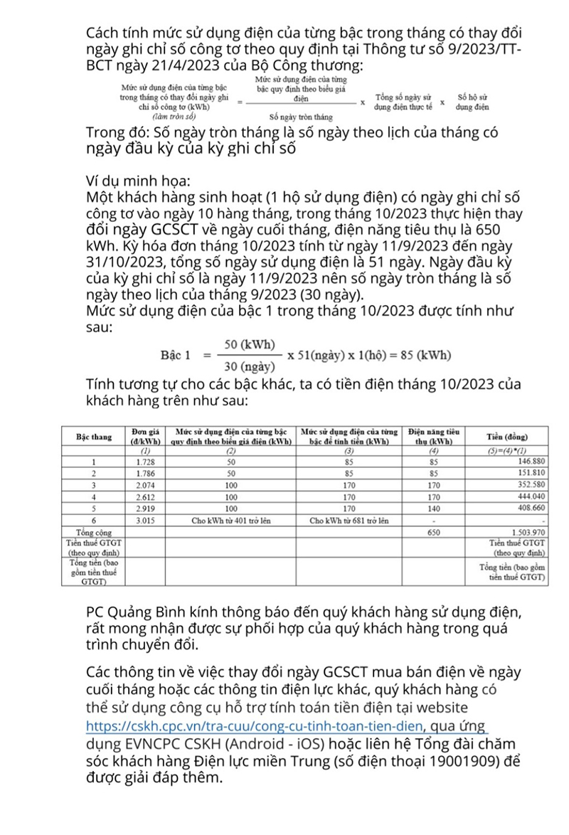 Cách tính mức sử dụng điện của từng bậc trong tháng có thay đổi ngày ghi chỉ số công tơ theo quy định tại Thông tư số 9/2023/TT-BCT ngày 21/4/2023 của Bộ Công thương.