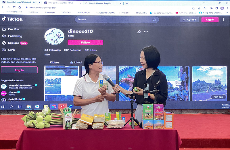 Các doanh nghiệp, HTX, chủ cơ sở sản xuất được hướng dẫn thực hành livestream bán hàng trên Tiktok.