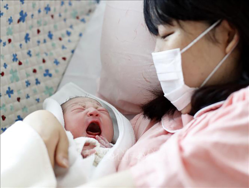 Chăm sóc em bé sơ sinh tại Toda, tỉnh Saitama, Nhật Bản. Ảnh: Kyodo/TTXVN