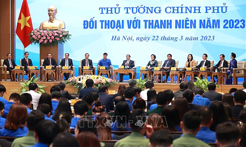  Thủ tướng Phạm Minh Chính cùng đại diện các bộ, ngành và Trung ương Đoàn tham gia đối thoại với thanh niên ngày 22/3/2023. Ảnh tư liệu: Dương Giang/TTXVN