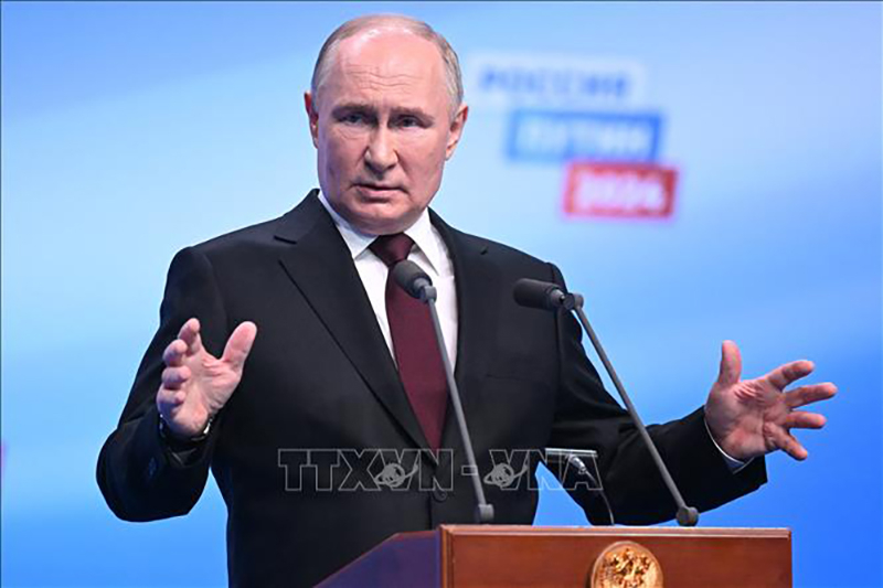 Tổng thống Nga Vladimir Putin trong cuộc họp báo tại Moskva ngày 18/3. Ảnh: AFP/TTXVN