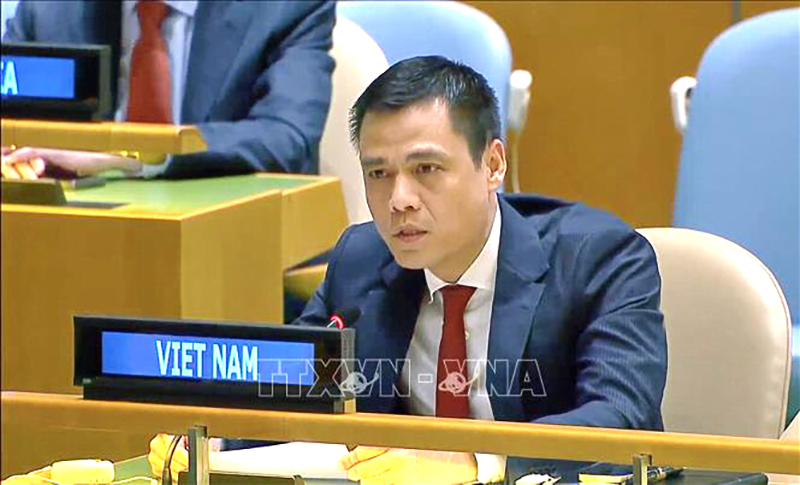 Đại sứ Đặng Hoàng Giang, Trưởng Phái đoàn thường trực Việt Nam tại LHQ phát biểu tại phiên thảo luận. Ảnh: Thanh Tuấn/Pv TTXVN tại Hoa Kỳ