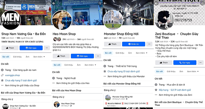 Giao diện một số tài khoản facebook có dấu hiệu vi phạm trong lĩnh vực thương mại điện tử.