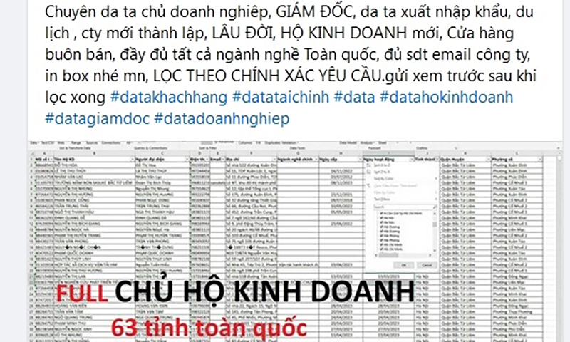 Một tài khoản công khai rao bán thông tin cá nhân trên một nhóm facebook. Ảnh chụp màn hình 