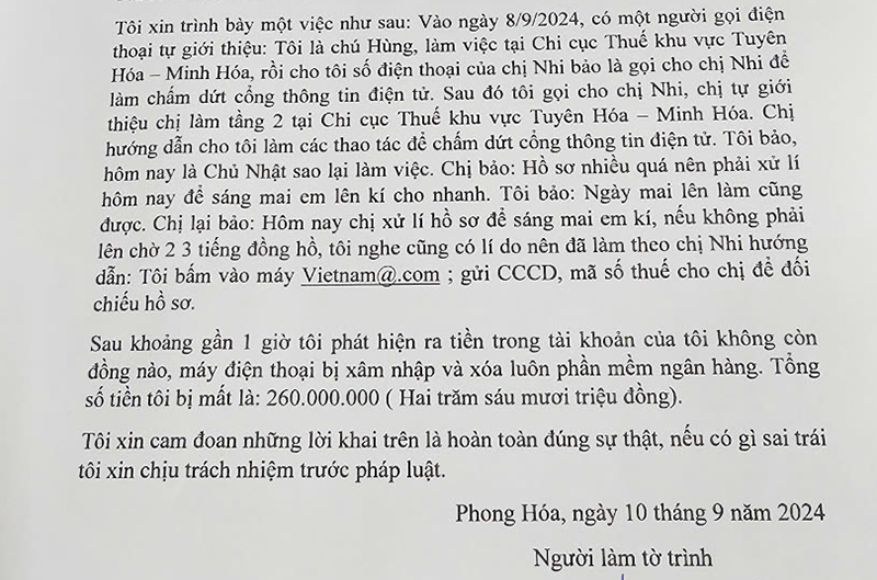 Tờ trình của ông L. gửi các cơ quan chức năng.