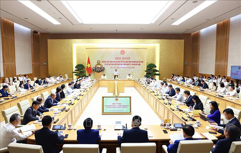 Hội nghị Thường trực Chính phủ làm việc với các ngân hàng thương mại cổ phần về các giải pháp góp phần phát triển kinh tế-xã hội. Ảnh: Dương Giang/TTXVN