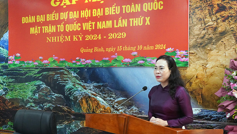 Đồng chí Chủ tịch Ủy ban MTTQVN tỉnh Phạm Thị Hân, trưởng đoàn đại biểu báo cáo tại buổi gặp mặt