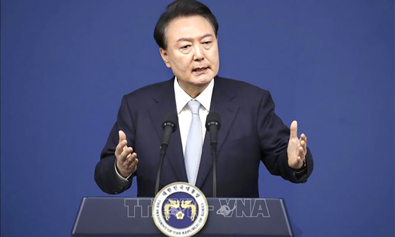 Tổng thống Hàn Quốc Yoon Suk Yeol phát biểu trong cuộc họp báo ở Seoul ngày 29/8/2024. Ảnh: Kyodo/TTXVN