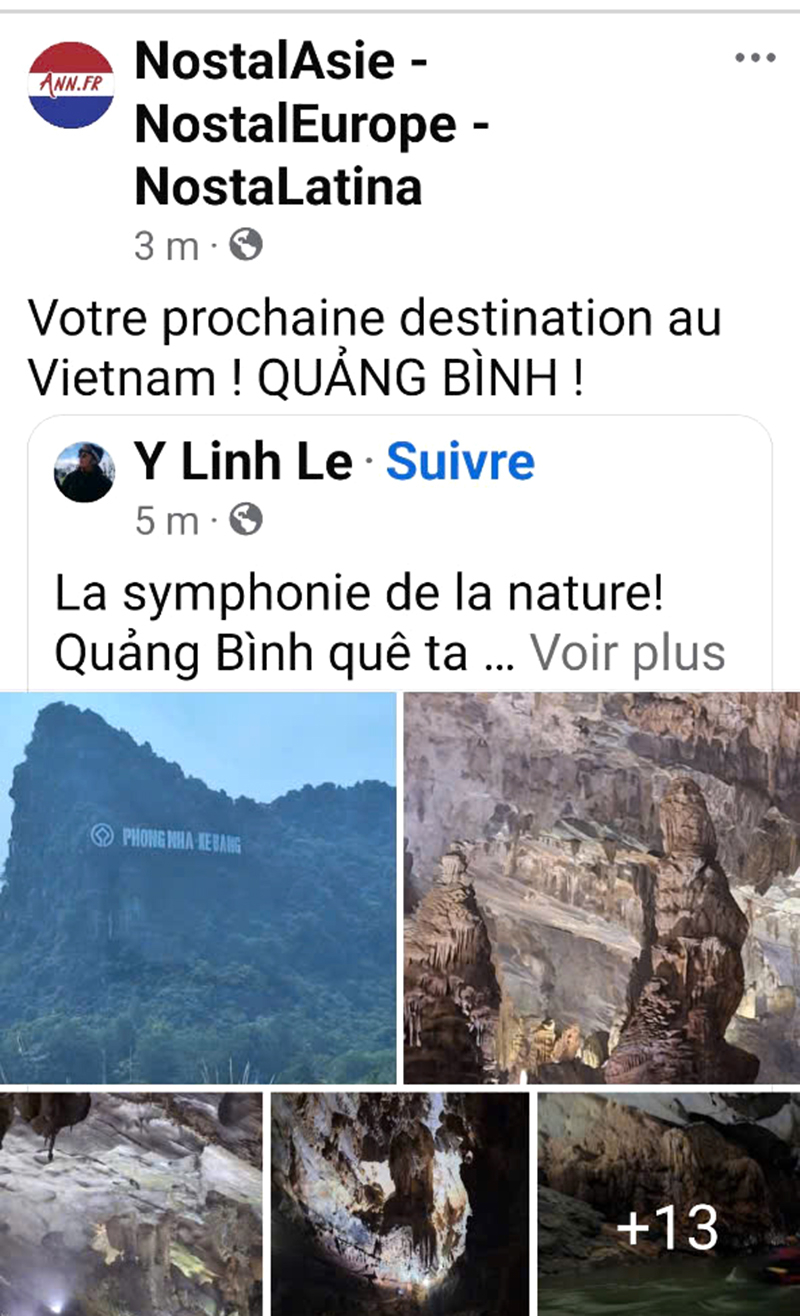 Hình ảnh Phong Nha-Kẻ Bàng được chị Lê Y Linh kết nối đã “có mặt” trên trang tiếng Pháp của Vietravel Pháp.