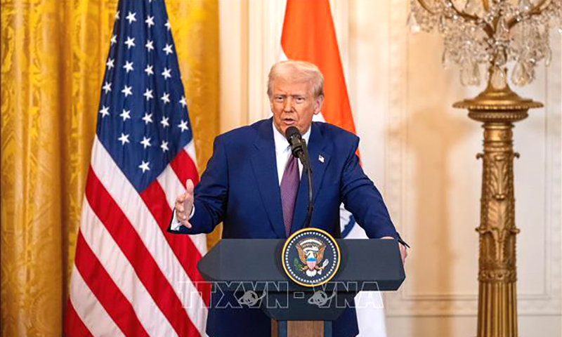 Tổng thống Mỹ Donald Trump phát biểu trong cuộc họp báo tại Nhà Trắng. Ảnh: THX/TTXVN