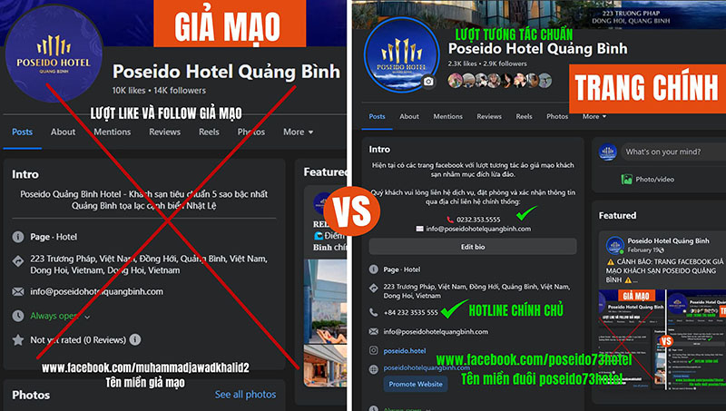 Khách sạn Poseido Hotel Quảng Bình cảnh báo trên fanpage về tình trạng các đối tượng mạo danh lừa đảo khách hàng.