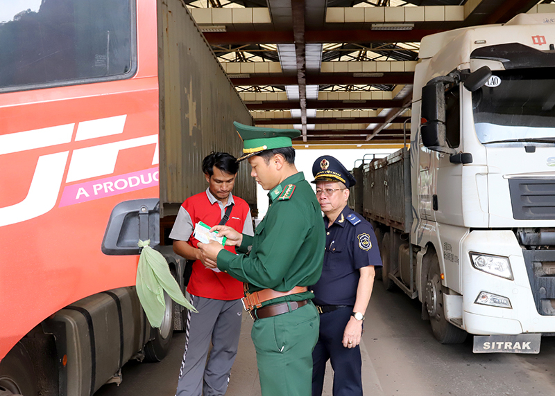 Cán bộ, chiến sĩ Trạm kiểm soát Biên phòng Cửa khẩu quốc tế Cha Lo giải quyết thủ tục xuất nhập cảnh cho người và phương tiện.