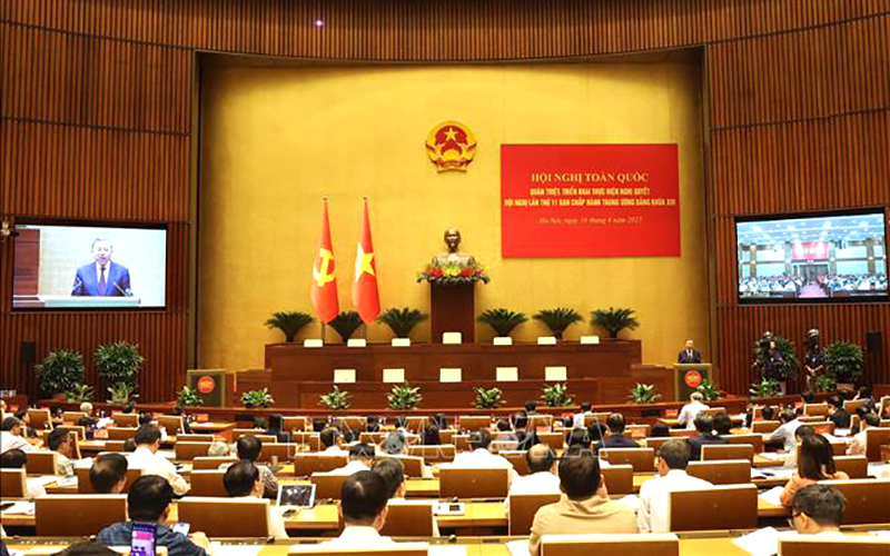 Tổng Bí thư Tô Lâm phát biểu chỉ đạo hội nghị toàn quốc quán triệt, triển khai thực hiện Nghị quyết hội nghị lần thứ 11 Ban Chấp hành Trung ương Đảng khóa XIII. Ảnh: Thống Nhất/TTXVN