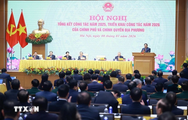 Thủ tướng Phạm Minh Chính khai mạc hội nghị tổng kết công tác năm 2025, triển khai công tác năm 2026 của Chính phủ và chính quyền địa phương. (Ảnh: Dương Giang/TTXVN)