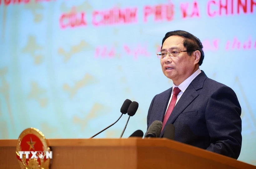 Thủ tướng Phạm Minh Chính khai mạc hội nghị tổng kết công tác năm 2025, triển khai công tác năm 2026 của Chính phủ và chính quyền địa phương. (Ảnh: Dương Giang/TTXVN)