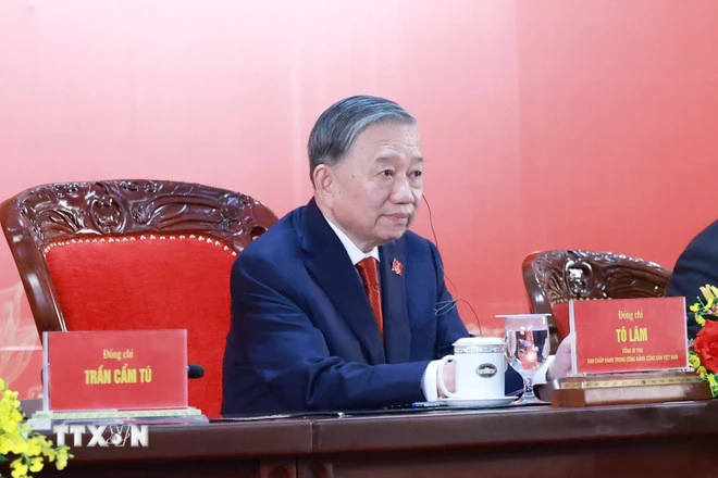 Tổng Bí thư Tô Lâm chủ trì buổi họp báo. (Ảnh: TTXVN)
