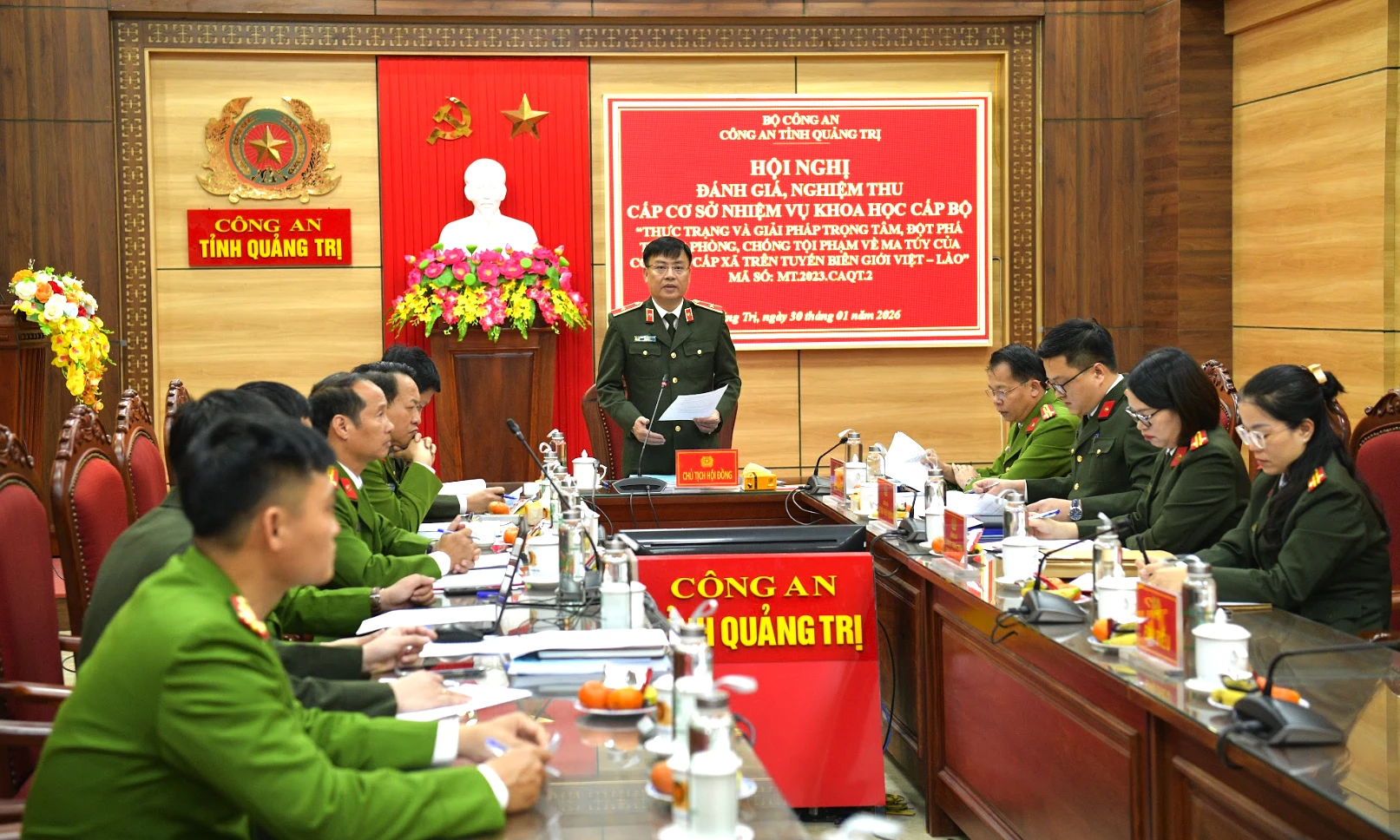 Tiến sỹ, Thiếu tướng Nguyễn Thanh Liêm, Giám đốc Công an tỉnh, Chủ tịch Hội đồng phát biểu chỉ đạo tại hội nghị.