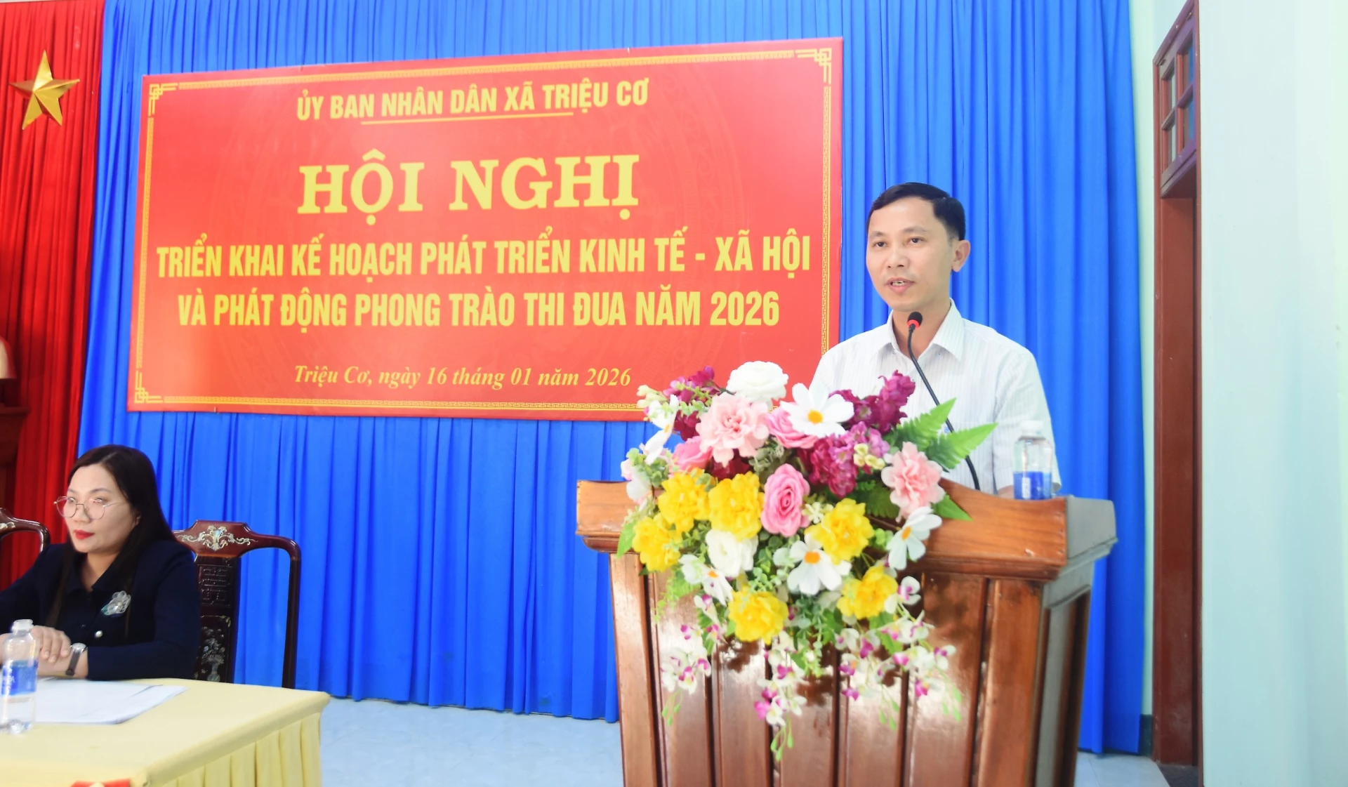 Lãnh đạo xã Triệu Cơ phát biểu tại hội nghị - Ảnh: ĐV