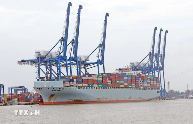 Bốc xếp hàng hóa qua Cảng Container Quốc tế Tân Cảng - Hải Phòng (TC-HICT). (Ảnh: Trần Việt/TTXVN)