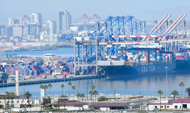 Hoạt động tại cảng hàng hóa Long Beach ở California, Mỹ. (Ảnh: AFP/TTXVN)