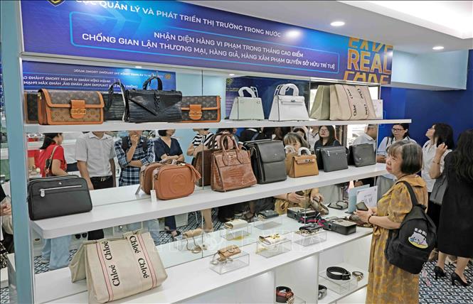 Hàng giả, hàng xâm phạm quyền sở hữu trí tuệ được trưng bày tại Bộ Công Thương. Ảnh: Trần Việt/TTXVN