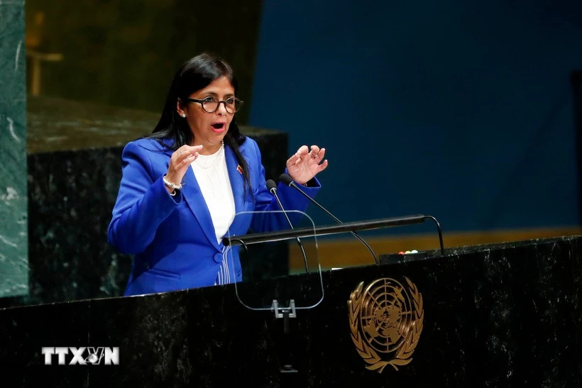 Phó Tổng thống Venezuela Delcy Rodriguez phát biểu tại Khóa họp 74 của Đại hội đồng Liên hợp quốc ở New York, Mỹ ngày 27/9/2019. (Nguồn: THX/TTXVN)