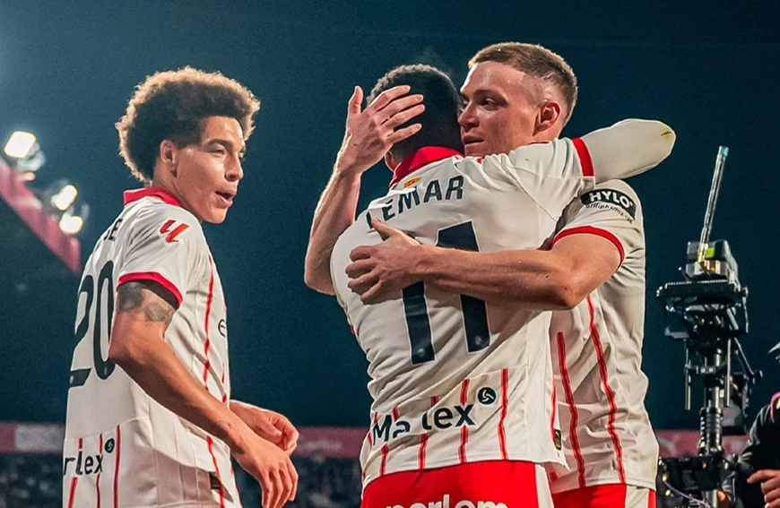 Các cầu thủ Girona mừng bàn thắng vào lưới Barcelona. Ảnh: Girona FC 