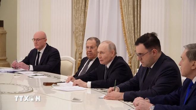 Tổng thống Nga V.Putin tại cuộc hội kiến ở Điện Kremlin. (Ảnh: Tâm Hằng/TTXVN)