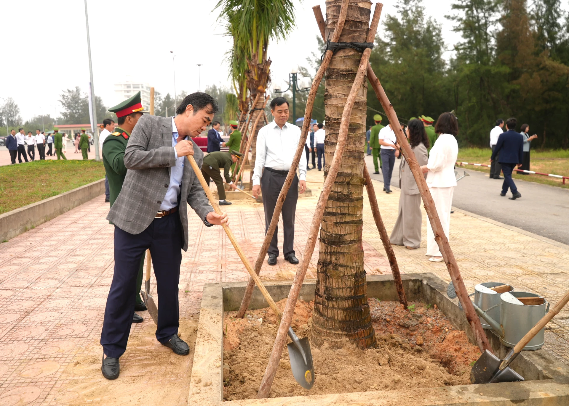 Các đồng chí lãnh đạo tỉnh trồng cây xanh tại khu vực bãi tắm Bảo Ninh 2, ở TDP Trung Bính, phường Đồng Hới - Ảnh: T.Đ