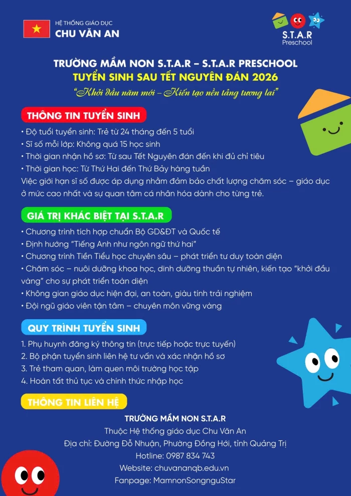 Trường Mầm non S.T.A.R - S.T.A.R PRESCHOOL tuyển sinh sau Tết Nguyên Đán 2026