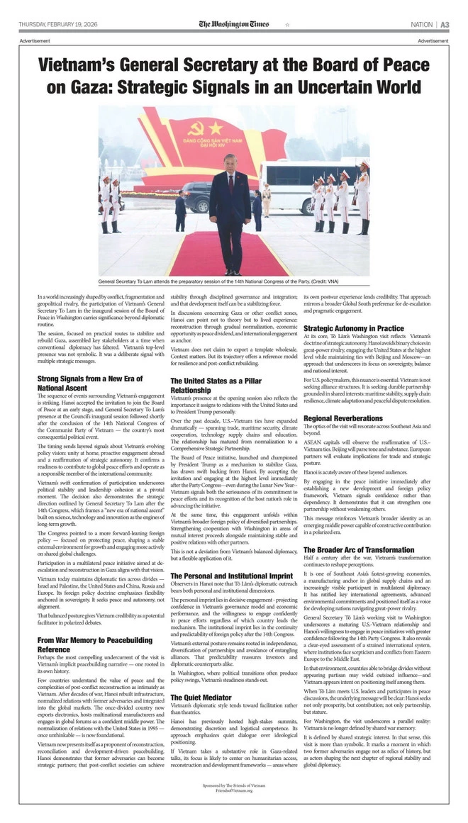 Bài viết đăng trên tờ Thời báo Washington số ra ngày 19/2. (Ảnh: TTXVN phát)
