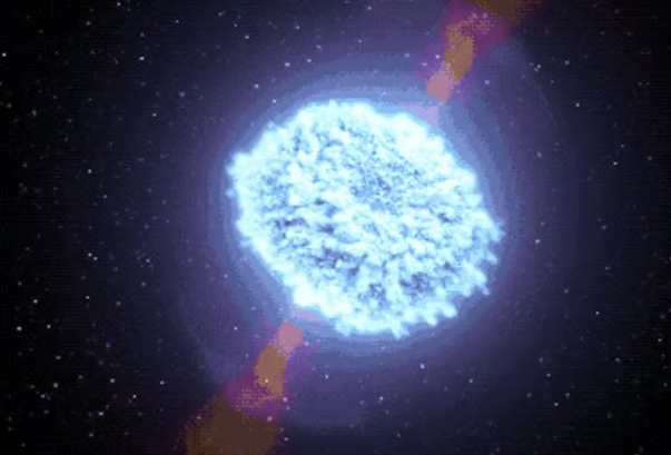 Hình ảnh mô phỏng vụ nổ tia gamma cho thấy các luồng tia hẹp, năng lượng cao. Nguồn: NASA