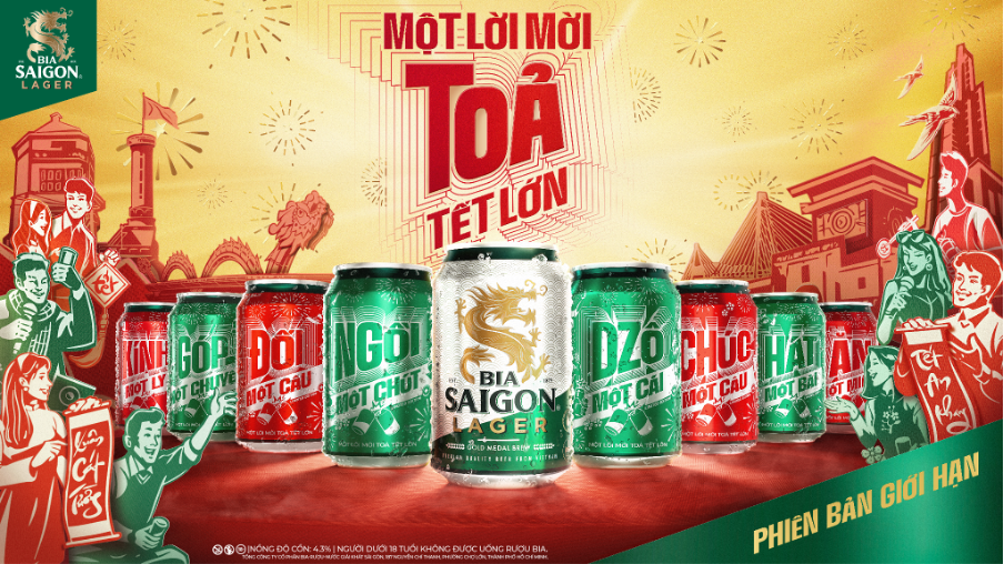 Bộ sưu tập 8 lon Tết phiên bản giới hạn của Bia Saigon Lager, lấy cảm hứng từ những lời mời quen thuộc trong văn hóa giao tiếp ngày Tết của người Việt.
