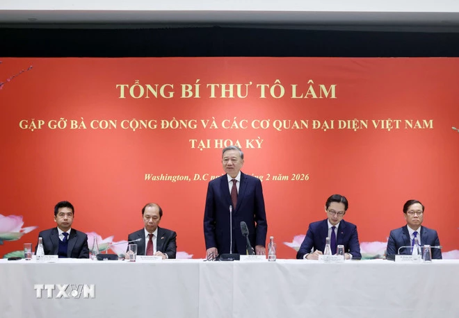 Tổng Bí thư Tô Lâm phát biểu tại buổi gặp gỡ. (Ảnh: Thống Nhất/TTXVN)