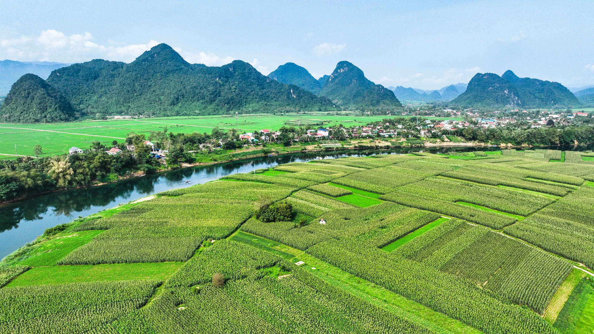 Bức tranh thiên nhiên hài hòa giữa núi non, sông nước và ruộng đông.