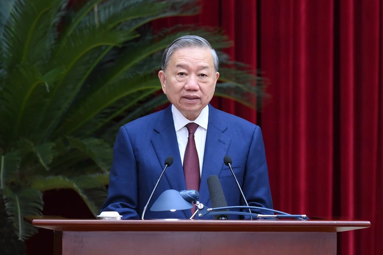 Tổng Bí thư Tô Lâm phát biểu bế mạc hội nghị. (Ảnh ĐĂNG KHOA)